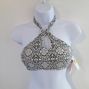Hula Honey Black White Mini Tribal Pulse Printed High Neck Bikini Top NWT Sz M